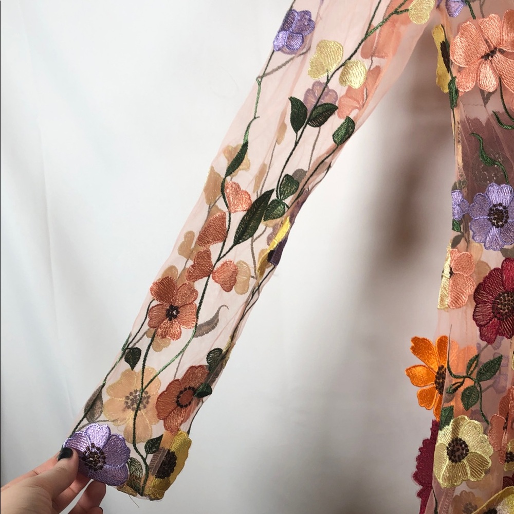 Finesse Sheer Long Sleeve Mini Dress with Fairy Boho Floral Embroidery - Picture 5 of 12